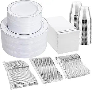 GATHER 700PCS Silver Plastic Plates - Silver Plate Set 100Guest - Disposable Dinnerware Sets 100Silver Rim Dinner Plates 100Silver Dessert Plate 100Paper Napkins&Cups&silver Plastic Silverware Set