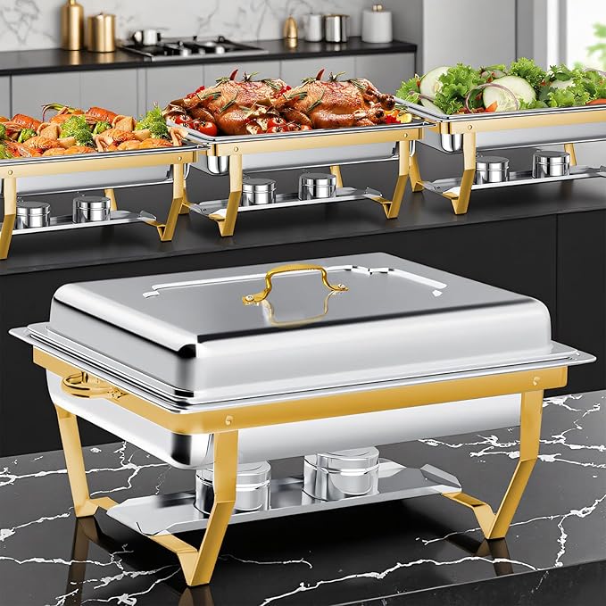 ALSO GO 4 Pack 9QT Chafing Dishes for Buffet, Gold and Silver Stainless Steel Chafing Dishes Buffet with 4 Full Size Pans, Food Warmer Complete Sets for Catering Events Parties Dinners