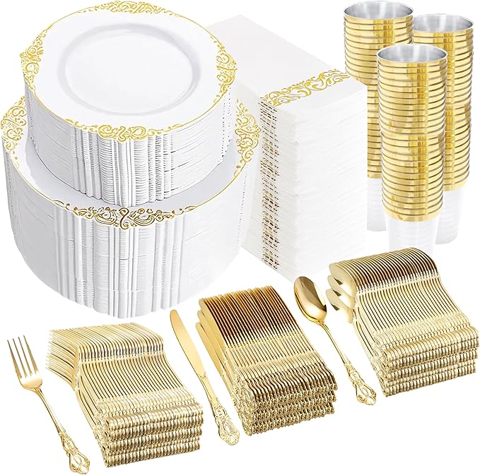 YOUBET 700PCS Gold Plastic Dinnerware Set - White and Gold Disposable Plates for 100 Guest - 200 Disposable Plates, 300 Heavy Duty Plastic Silverware, 100 Cups,100 Napkins for Wedding Thanksgiving